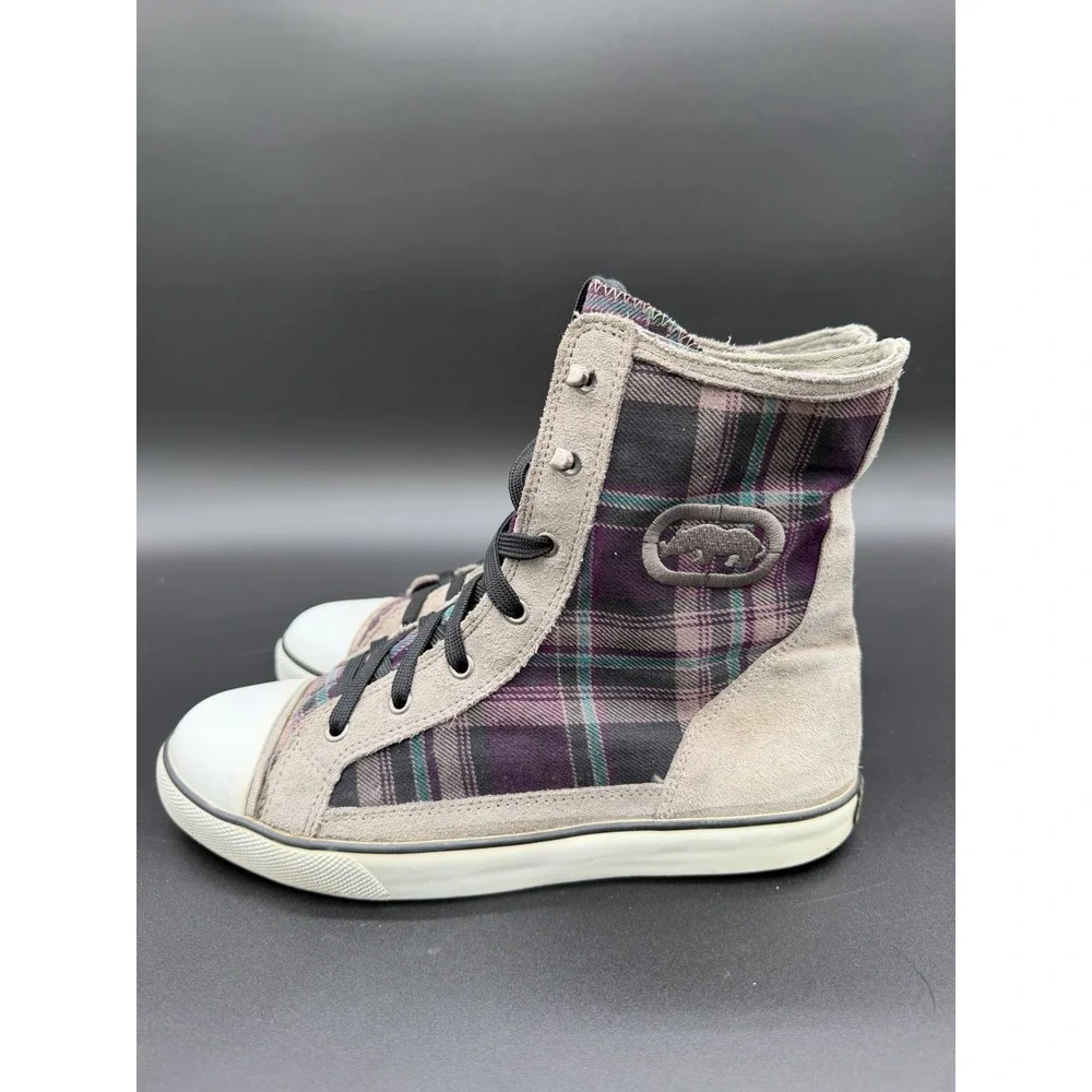 Red by Marc Ecko High Top Plaid Shoes Womens Size 8.5 Purple Gray Teal